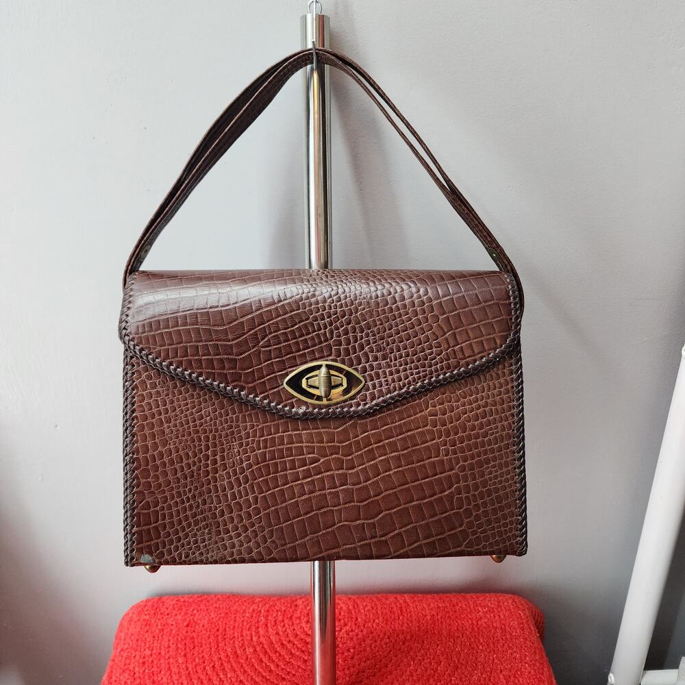 60s Vintage Faux Crocodile Box Purse with Lucite detail, Large